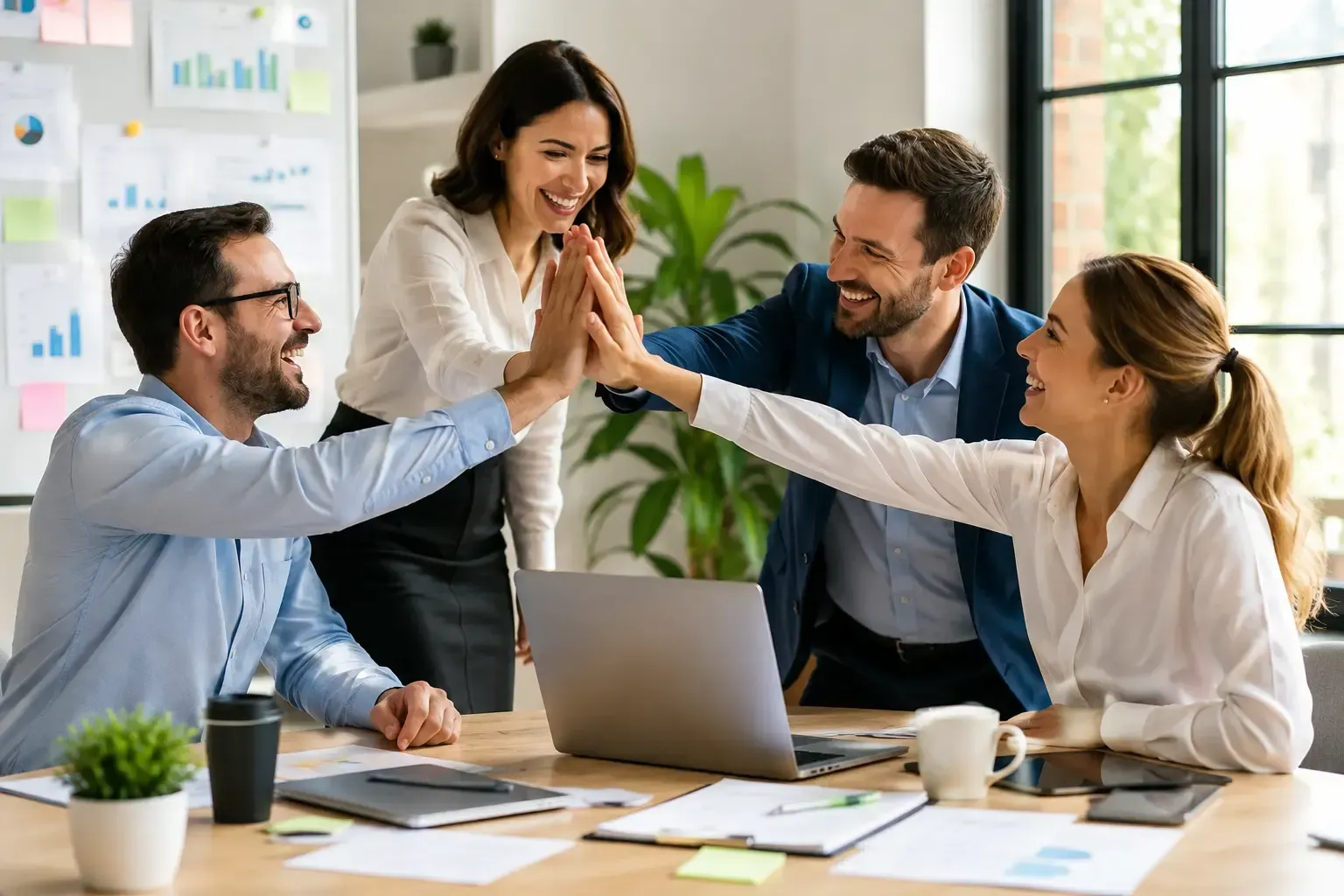 Un equipo de personas en una oficina choca las manos alrededor de una computadora portátil, sonriendo durante una reunión.
