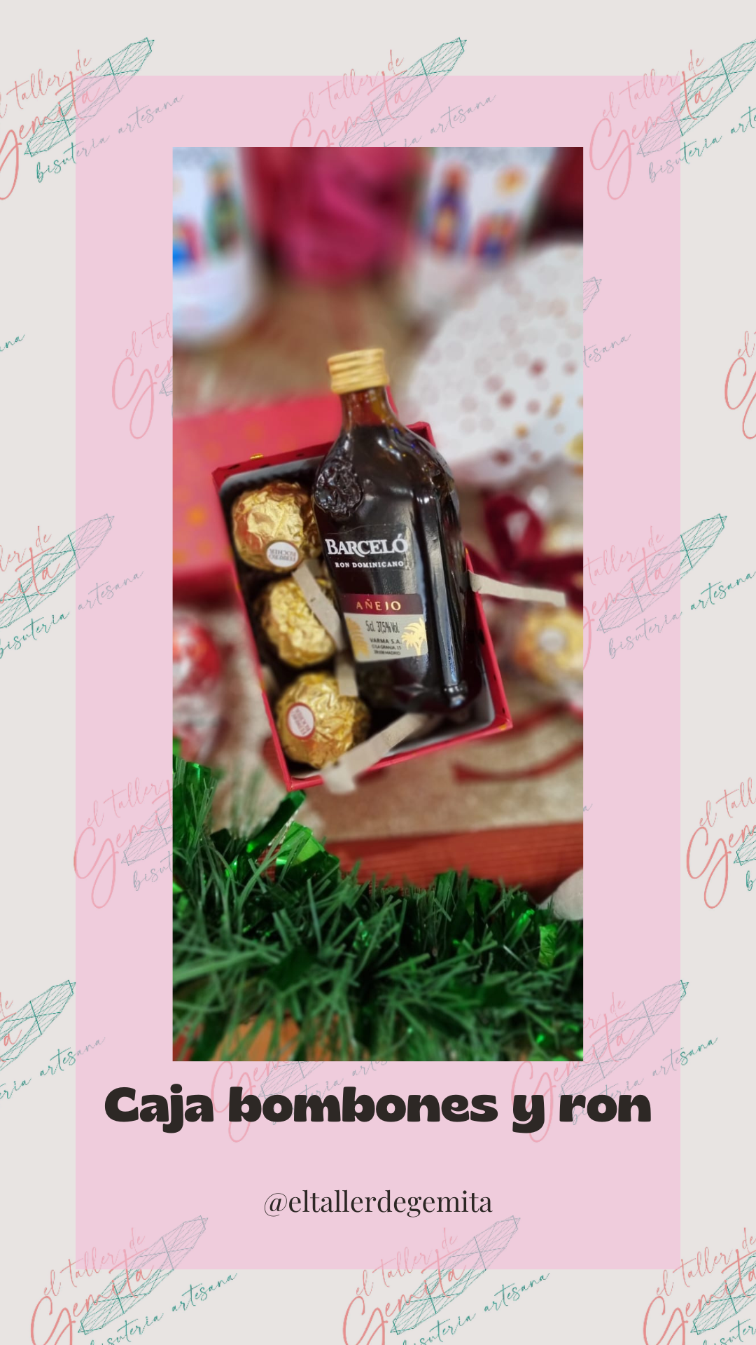 Caja de regalo con ron y bombones Ferrero Rocher, sobre fondo festivo.