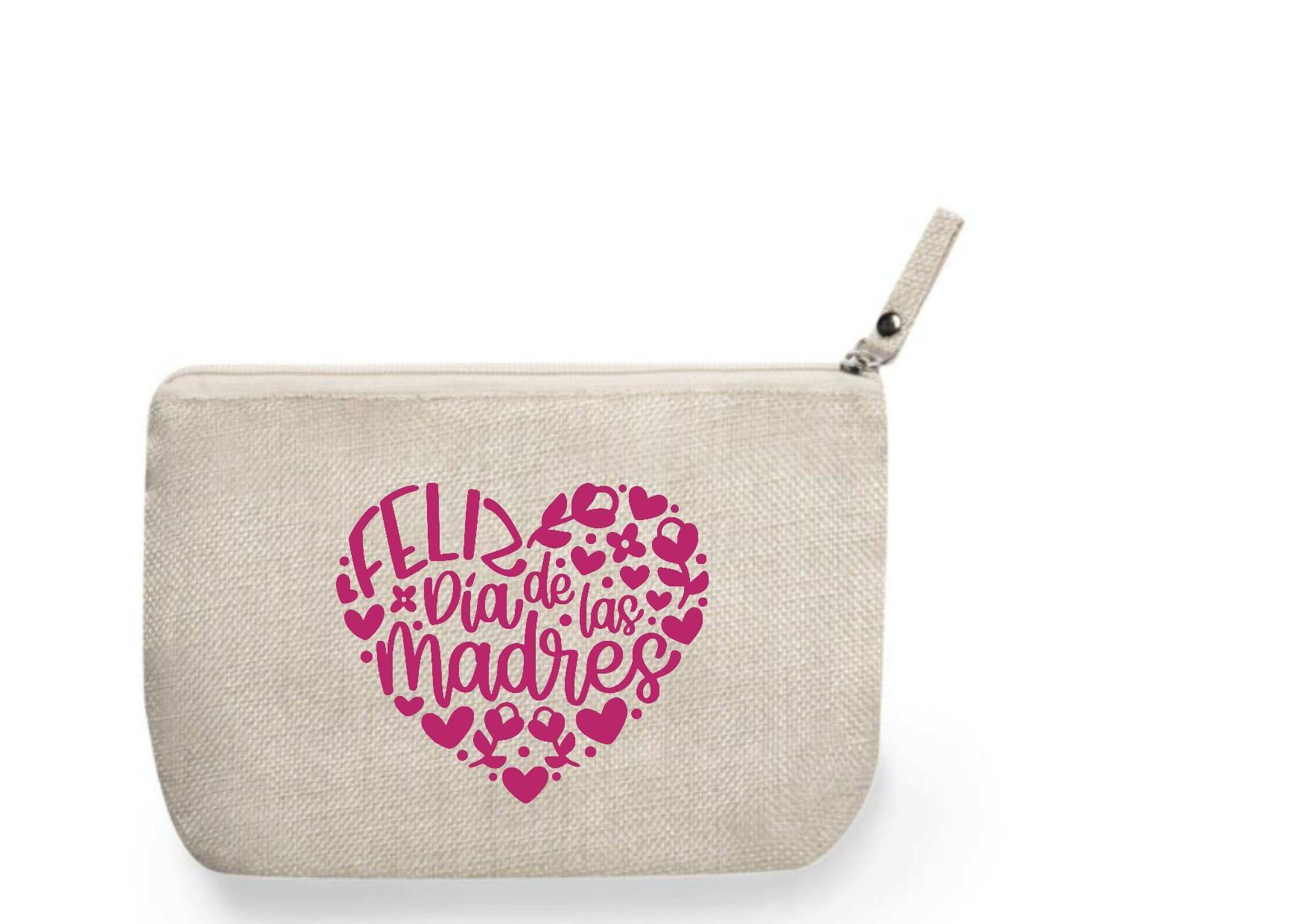 Beige pouch with a pink heart that says