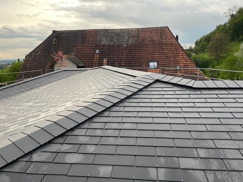 Ein Dach mit vielen Ziegeln darauf und ein Haus im Hintergrund. Foto von der AK Holzwerkstatt GmbH