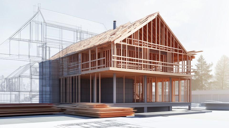 Künstlerische Darstellung eines im Bau befindlichen Hauses