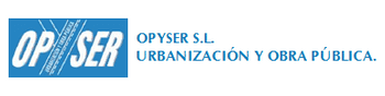 Logotipo azul y blanco de OPYSER SL con el texto “URBANIZACIÓN Y OBRAS PÚBLICAS”