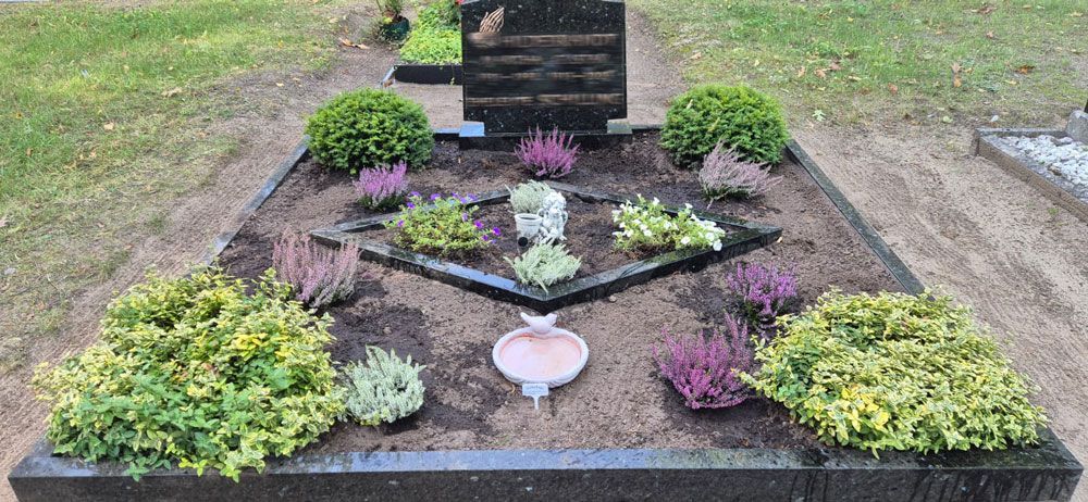 Ein gepflegter Friedhofsgrabplatz, geschmückt mit kleinen grünen Sträuchern, lila Heidekraut, einem zentralen Vogelbad und Steinen.
