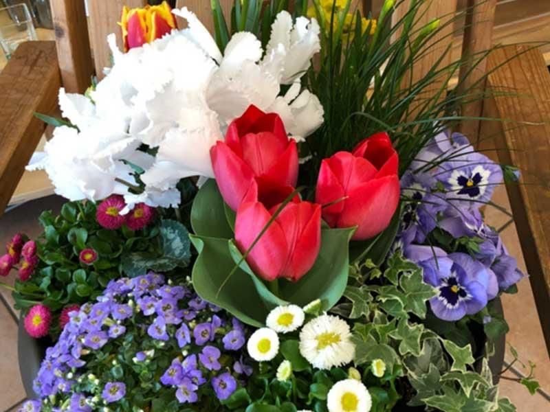 Ein Strauß Blumen in einem Topf auf einem Tisch