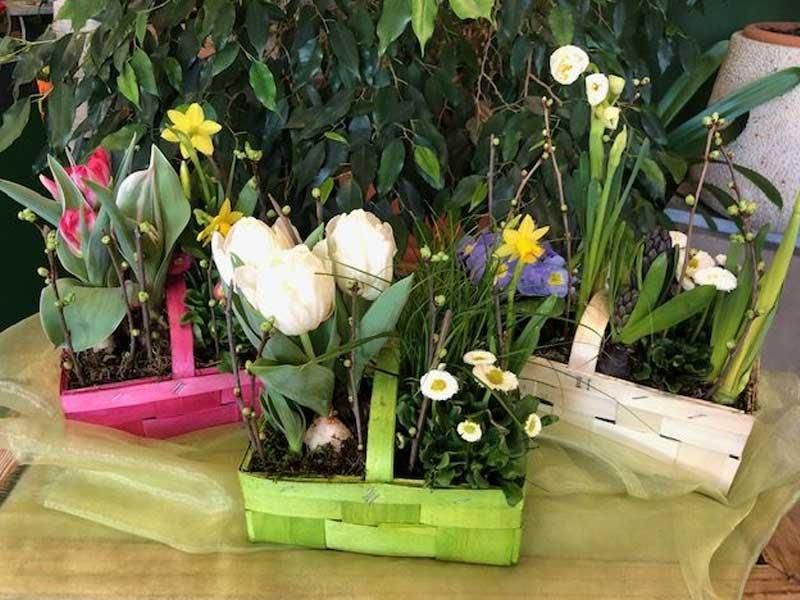 Auf einem Tisch steht ein grüner Korb voller Blumen.