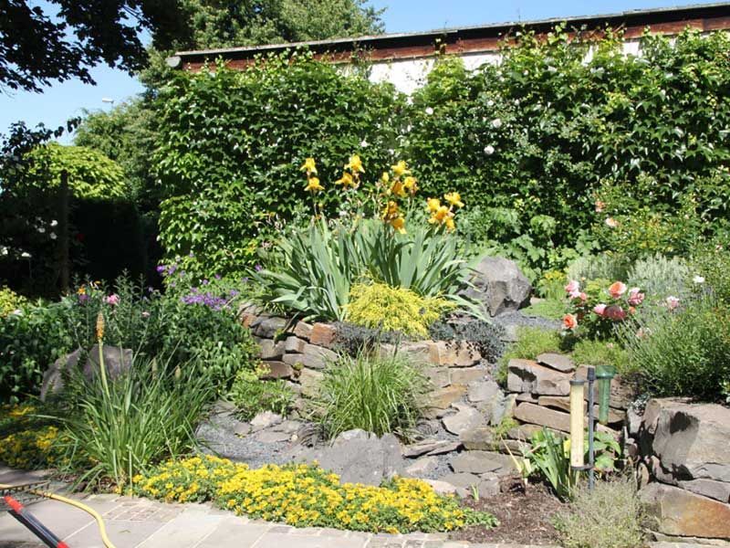 Ein Garten voller Blumen und Steine