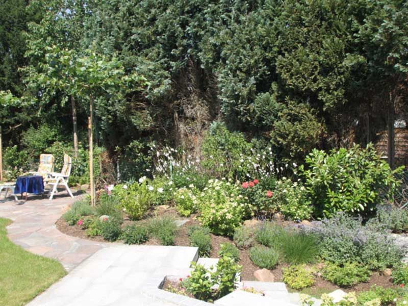 Ein üppiger grüner Garten mit Stühlen und einem Tisch