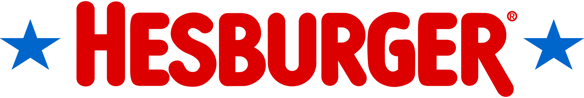 Hesburgerin logo, jossa on punainen teksti ja siniset tähdet. Rekisteröidyn tavaramerkin symboli on R-kirjaimen yläpuolella.