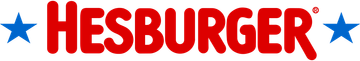 Hesburgerin logo, jossa on punainen teksti ja siniset tähdet. Rekisteröidyn tavaramerkin symboli on R-kirjaimen yläpuolella.