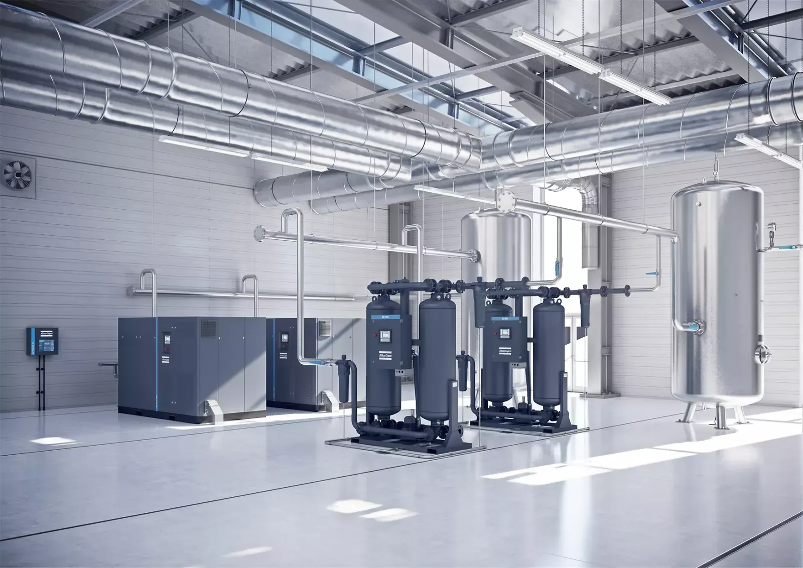 Grand système industriel avec compresseur et filtration d'air