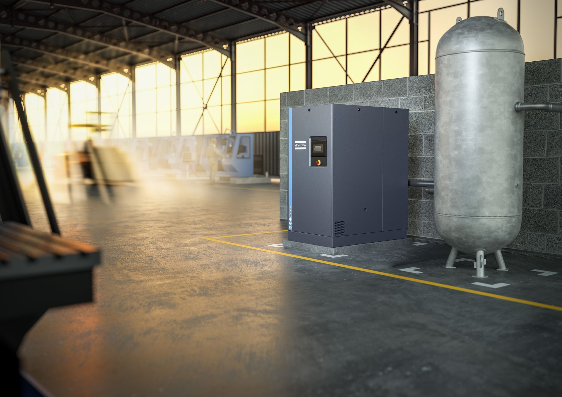 Un entrepôt avec une machine d'air comprimé