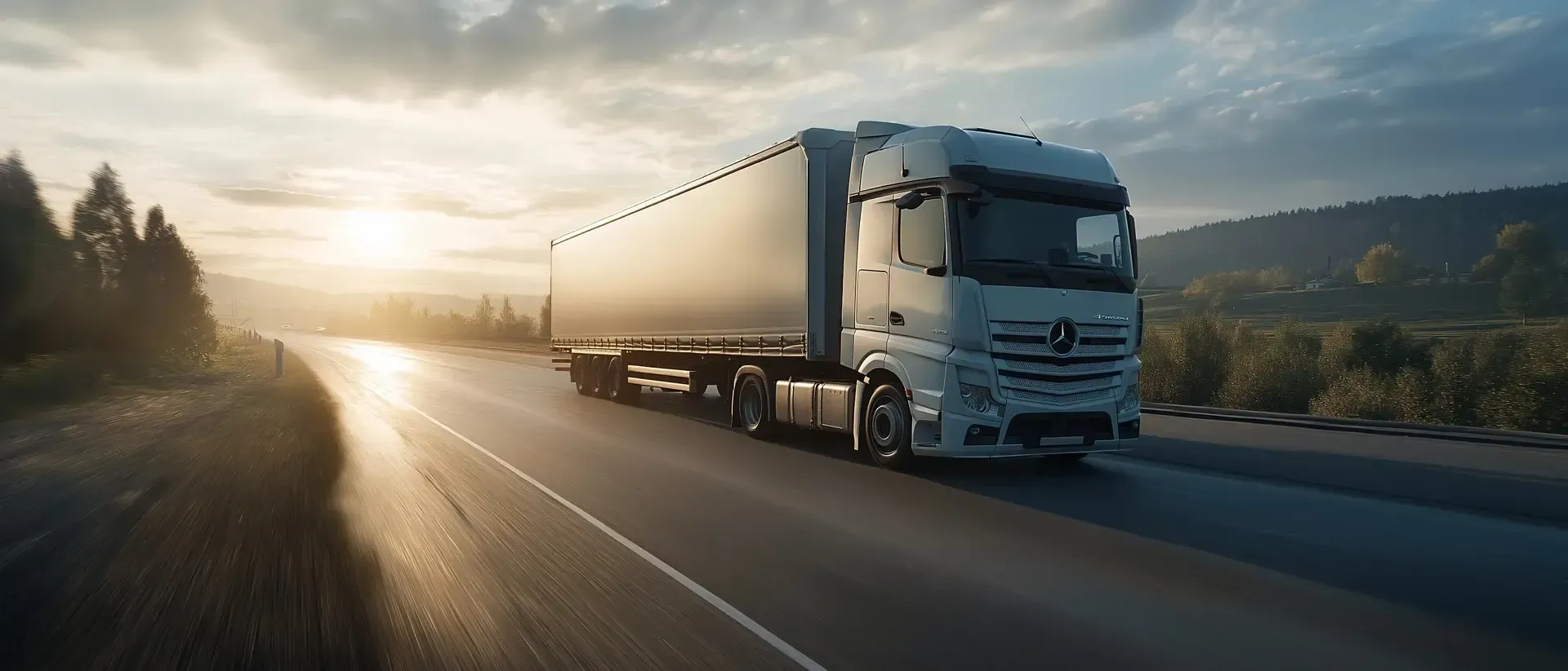 Ein Sattelschlepper fährt bei Sonnenuntergang eine Autobahn entlang.