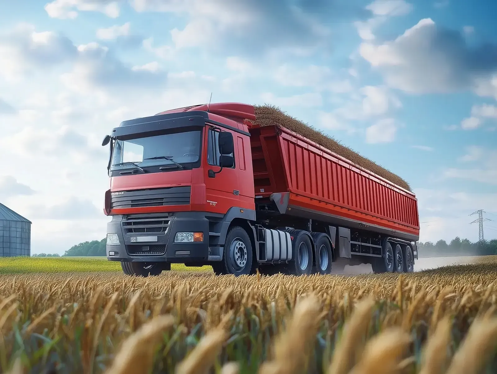 Ein roter Muldenkipper fährt durch ein Weizenfeld.