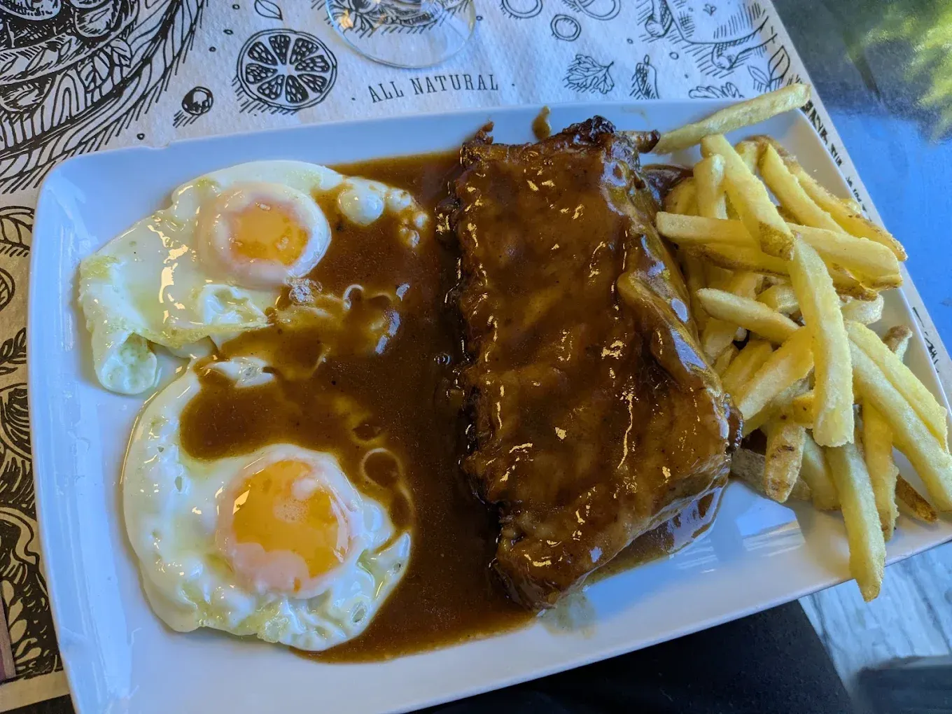 Un plato de comida con huevos y patatas fritas en una mesa.