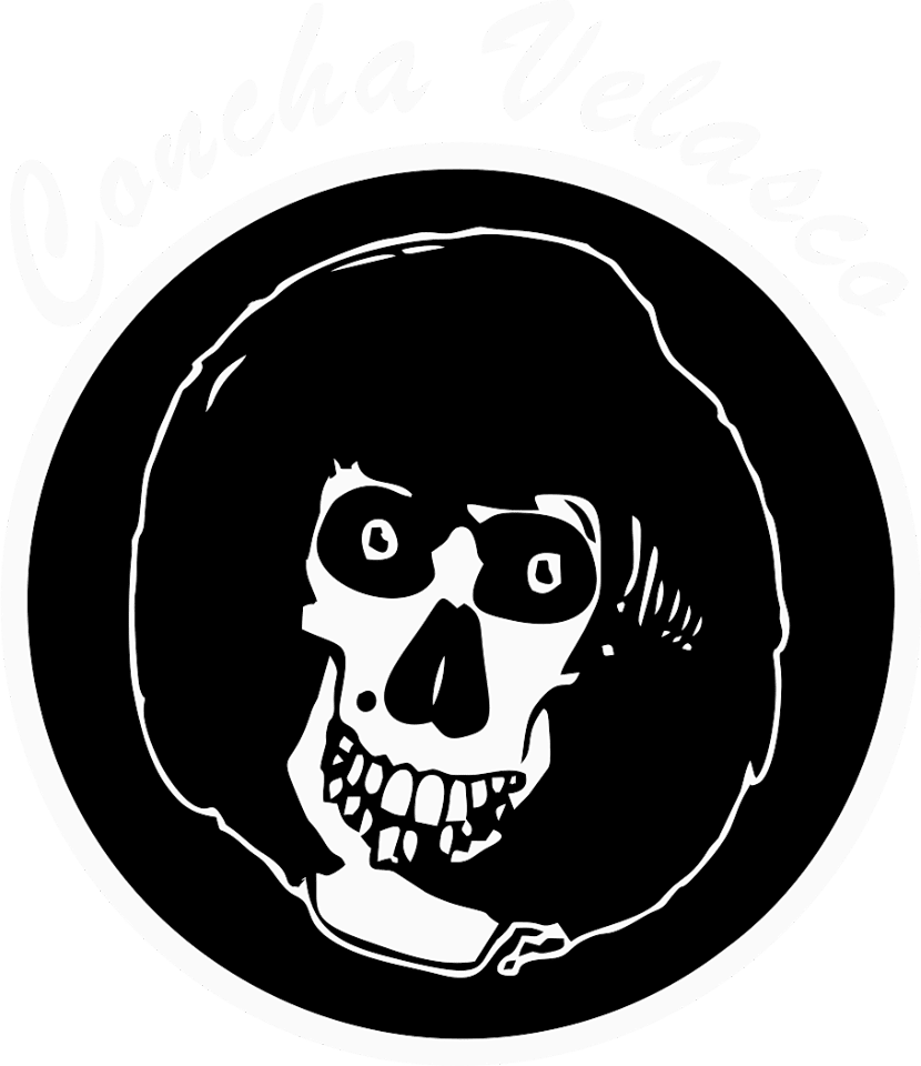 Ilustraci&oacute;n en blanco y negro de una calavera, dentro de un c&iacute;rculo negro; "Concha Velasco" en cursiva blanca arriba.