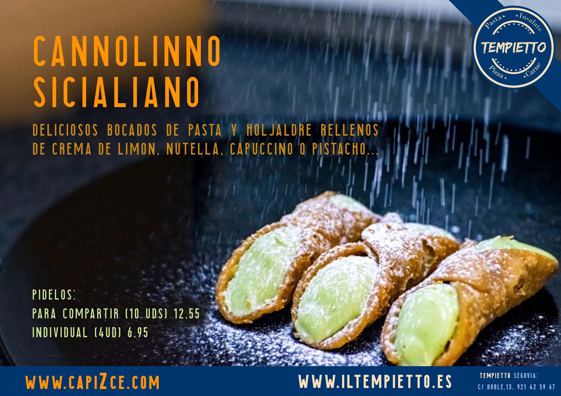 Publicidad siciliana de Cannolinno: pasteles rellenos de limón, Nutella, capuchino y crema de pistacho