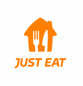 Logotipo naranja de Just Eat: forma de casa con tenedor y cuchillo, debajo el texto