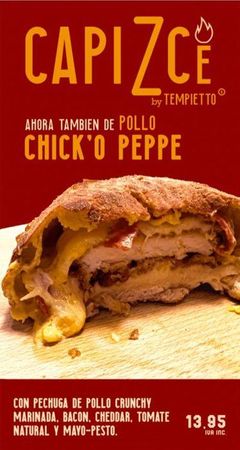 Anuncio de un sándwich Capizce con pollo, tocino, queso cheddar y mayonesa con pesto. Precio: 13,95.