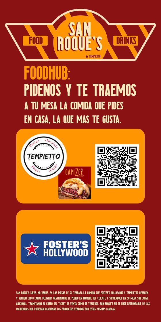 Folleto de San Roque con entrega a domicilio de Foodhub, que incluye los restaurantes Tempito y Foster's Hollywood