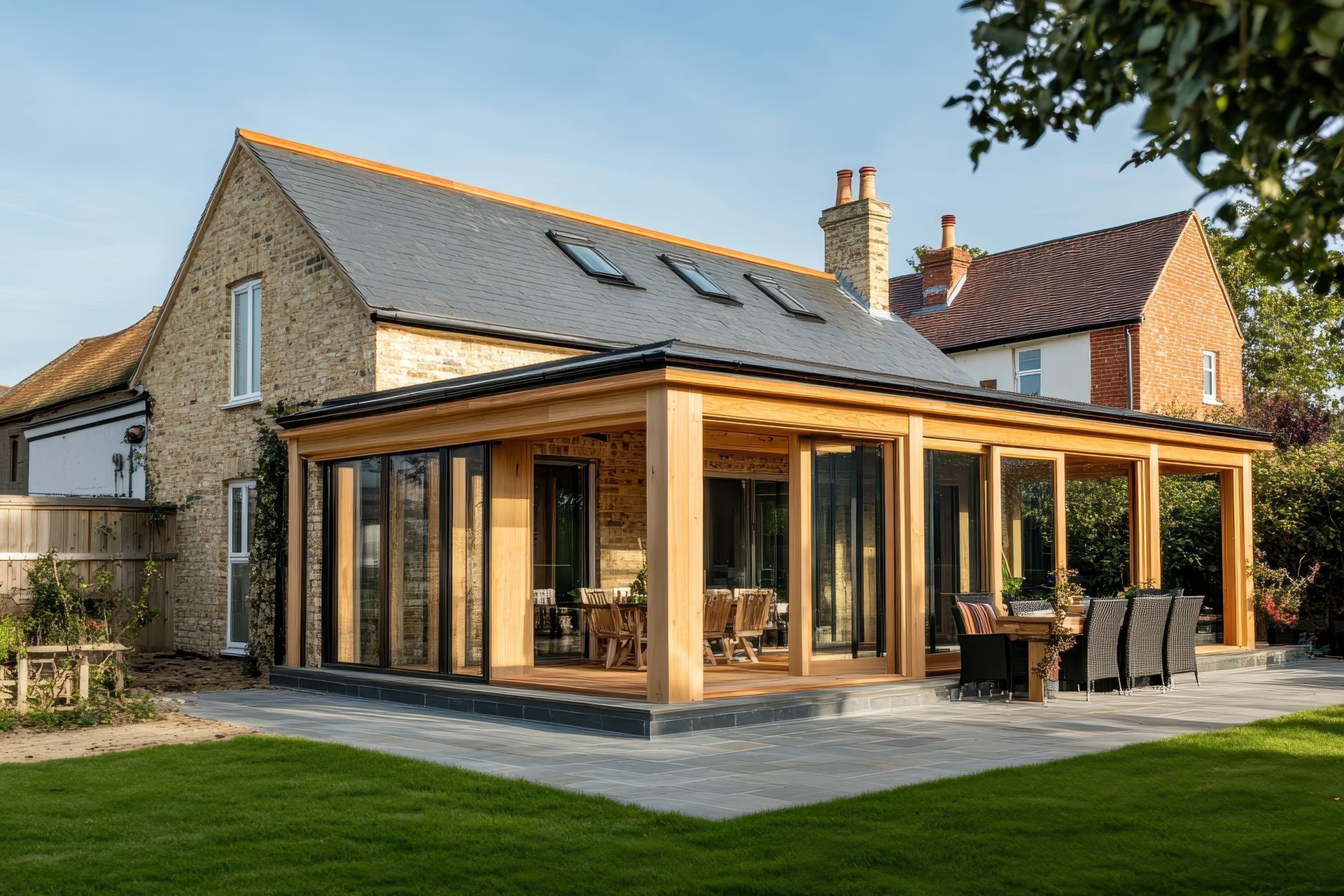 Une extension de maison toute en vitres.