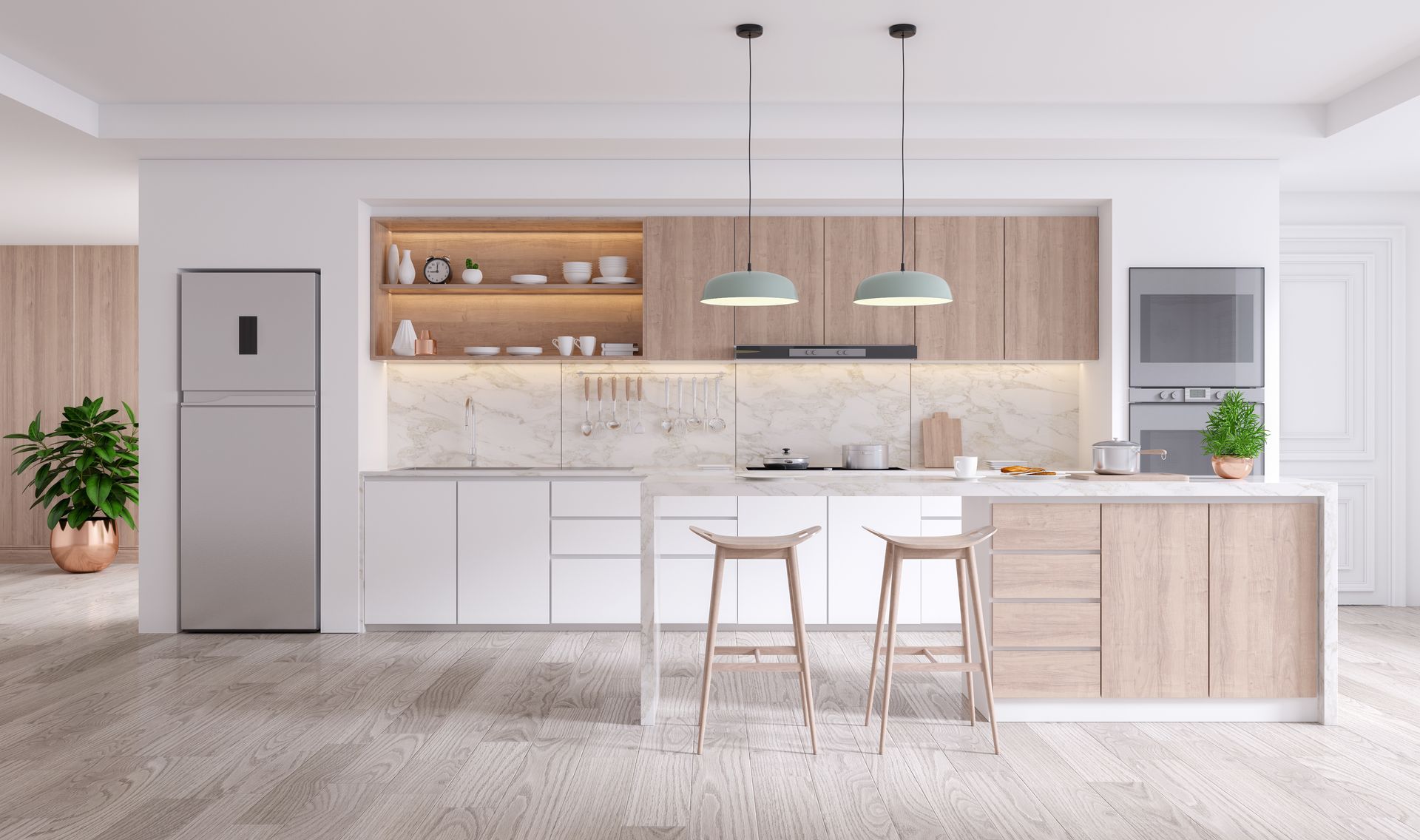 Une cuisine contemporaine aux couleurs claires.