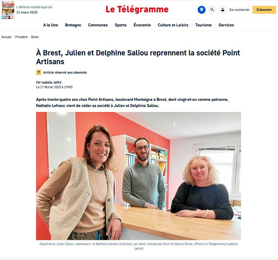 Screen de l'article sur Point Artisans sur le site Télégramme.
