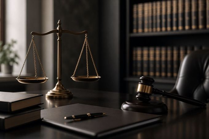 Escritorio de bufete de abogados con balanza de la justicia, mazo, libros y un bolígrafo bajo una iluminación cálida.