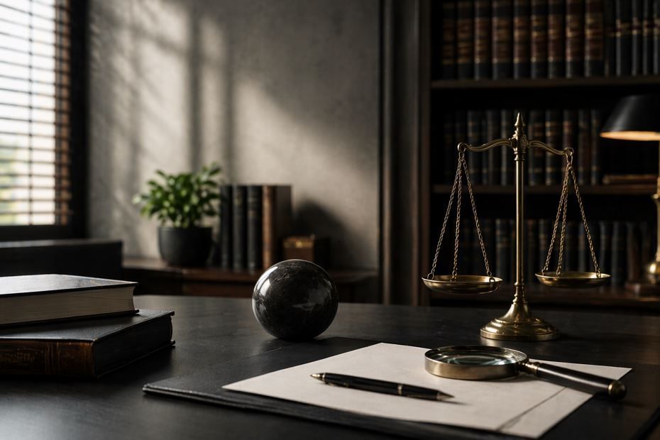 Escritorio de bufete de abogados con balanza, libros, globo terráqueo y bolígrafo sobre una mesa iluminada por el sol.