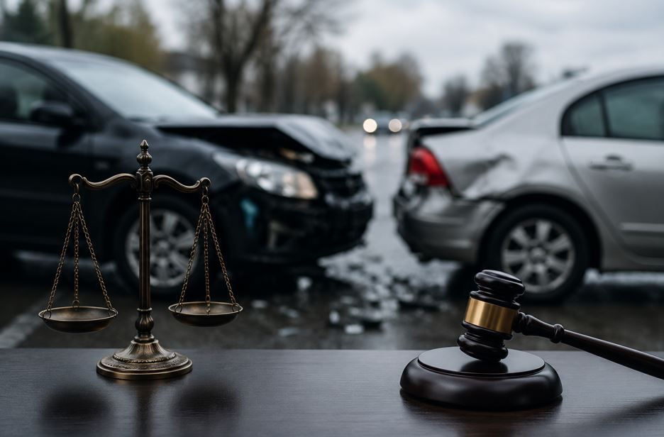 Libros de leyes, balanzas, mazo y papeles sobre el escritorio de un abogado en una oficina con poca luz.