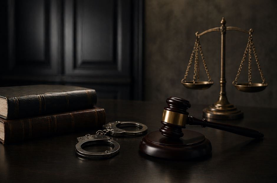 Libros de leyes, esposas, mazo y balanza de la justicia sobre un escritorio oscuro.
