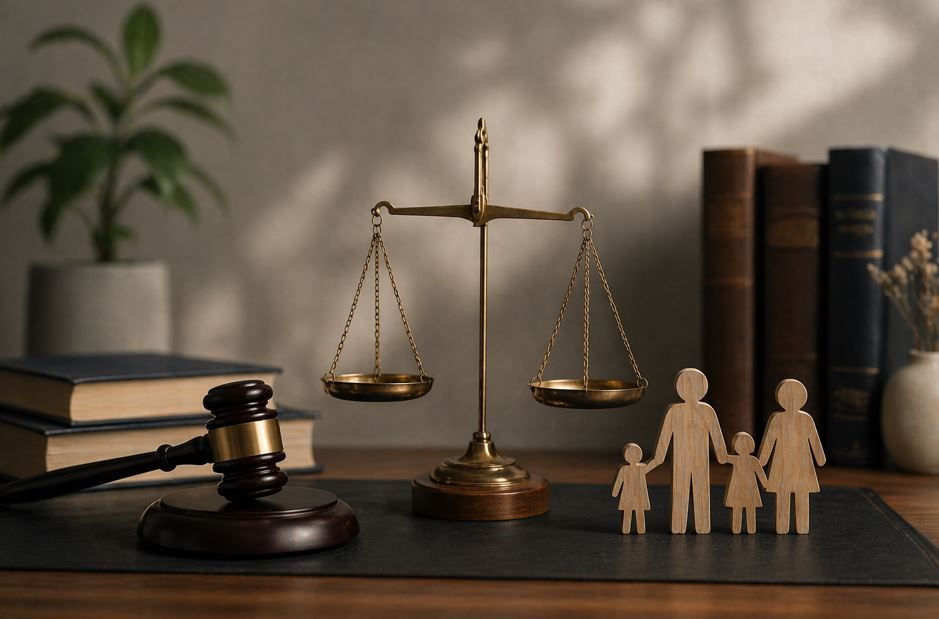 Balanza legal, mazo y figuritas familiares junto a libros de derecho sobre un escritorio.