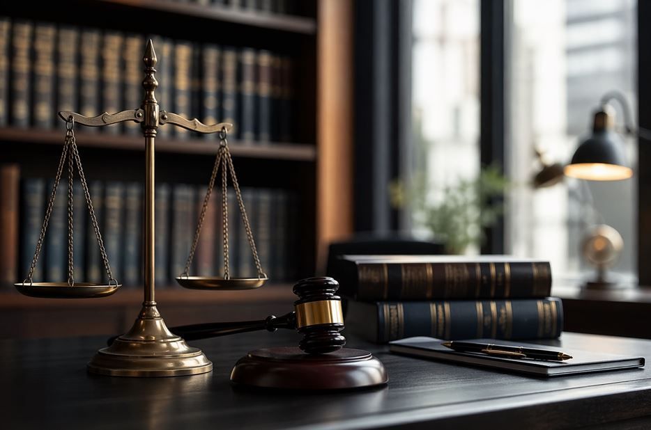 Libros de leyes, balanzas, mazo y papeles sobre el escritorio de un abogado en una oficina con poca luz.