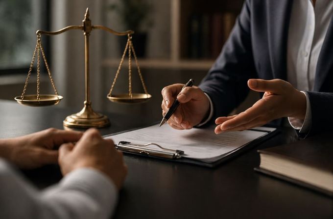 Un abogado escribe en un portapapeles sobre una mesa, con una balanza de la justicia al fondo.