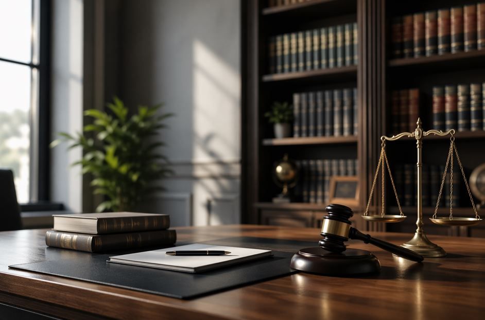 Escritorio de bufete de abogados con libros, mazo, balanza de la justicia y una estantería iluminada por el sol.