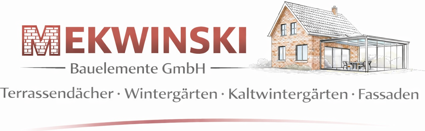 MEKWINSKI Bauelemente GmbH-Logo mit Dachliniengrafik und Text für Wintergärten, Wintergärten und Fassaden