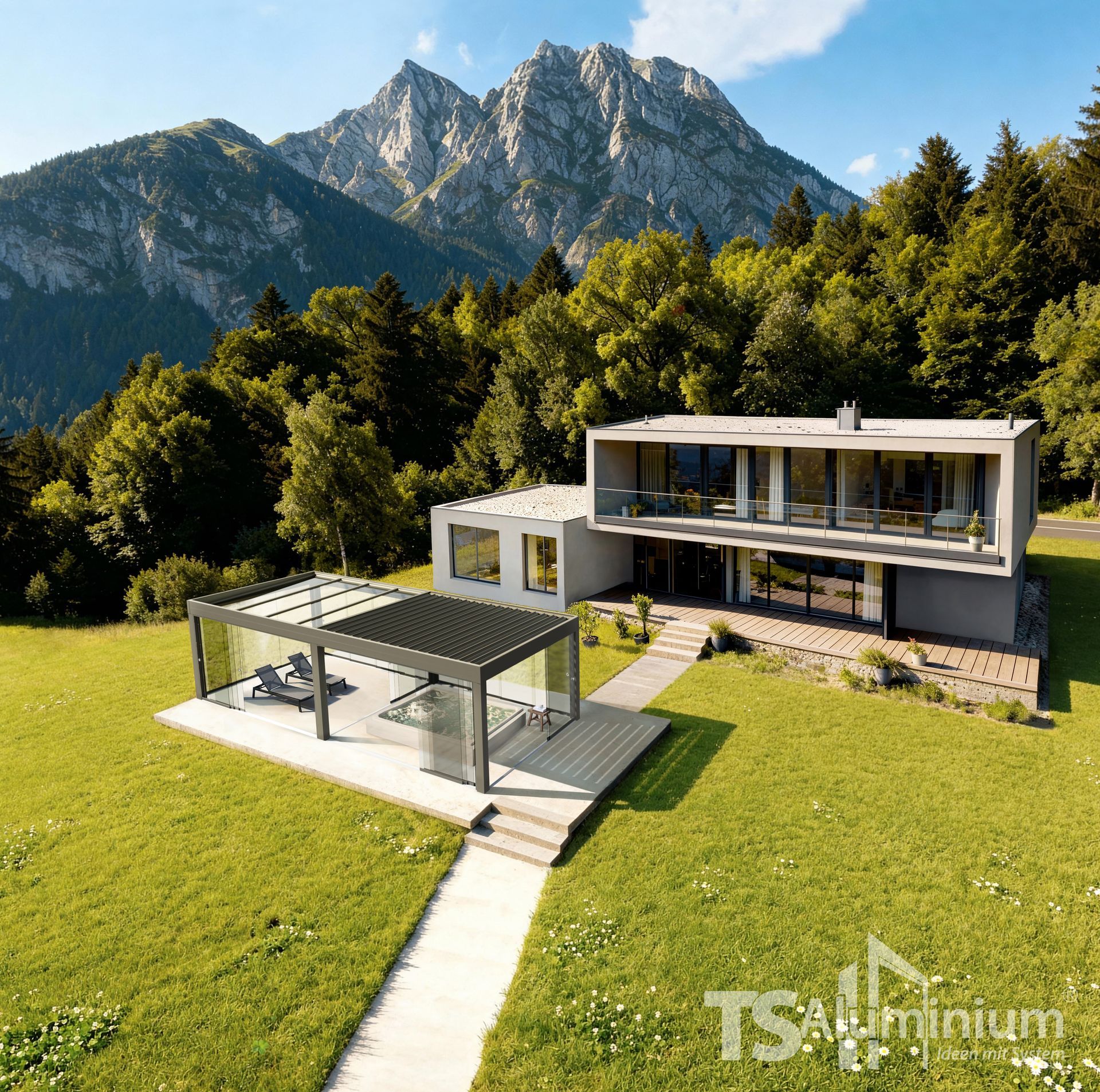 Modernes Haus mit einer verglasten Terrasse mit Blick auf einen grünen Rasen und eine Bergkulisse