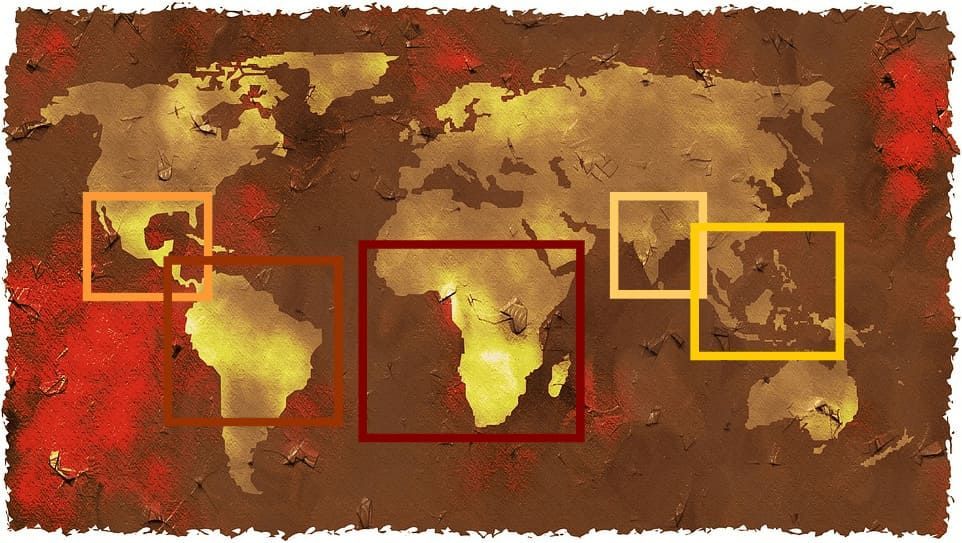 Carte du monde indiquant les emplacements d'où provient le café et thé.