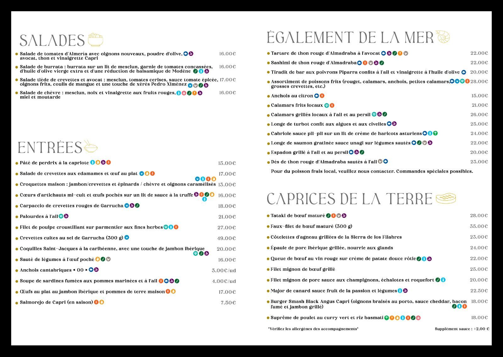 Menú con ensaladas y entrantes; texto dorado sobre fondo blanco, borde marrón.