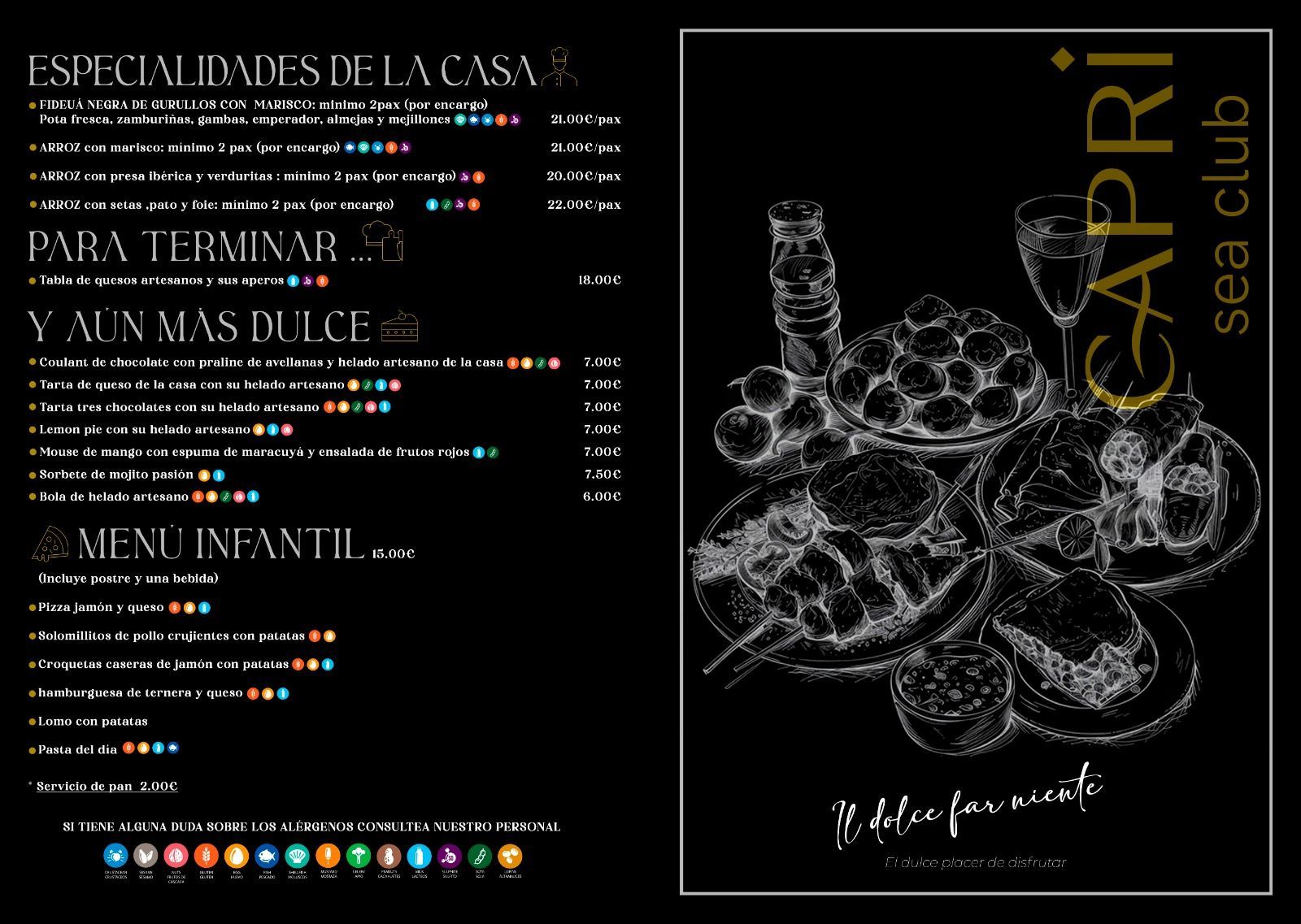 Menú con texto en español, con especialidades de la casa, postres y menú infantil. Fondo marrón oscuro e iconos coloridos.