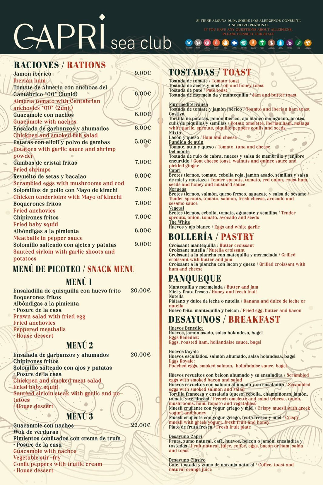 Menú de Gapri, con opciones de desayuno y panqueques.