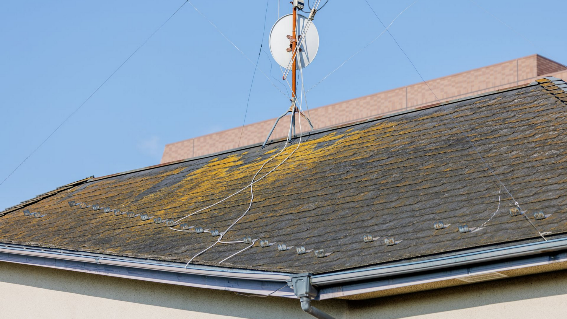 Un toit délabré recouvert de mousse jaune-vert. Une parabole et un pylône d'antenne y sont installés.