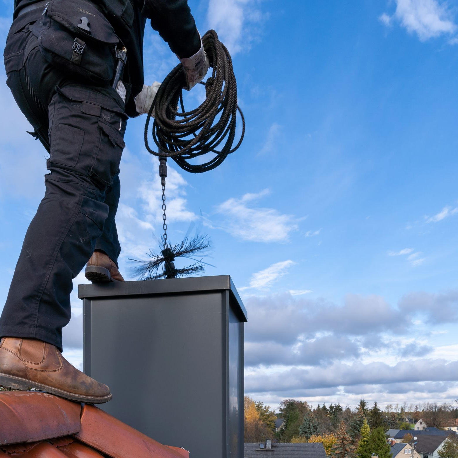 Un ramoneur nettoie une cheminée sur un toit sous un ciel bleu.