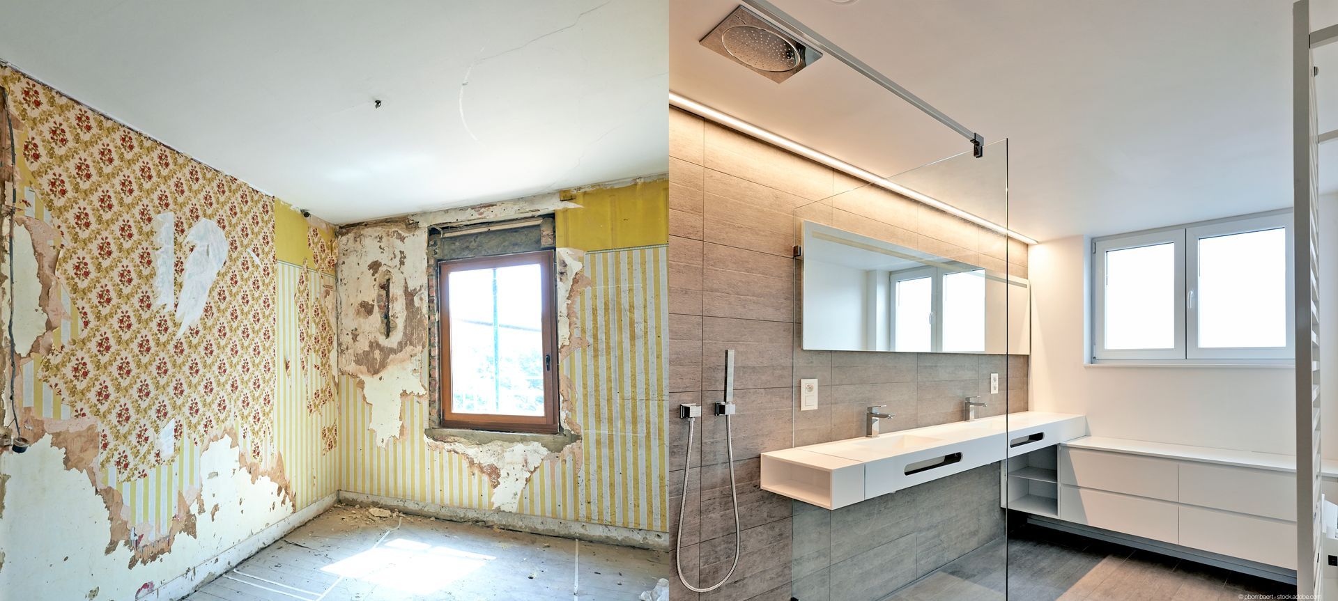 ein Badezimmer vor und nach der Renovierung mit Waschbecken und Dusche