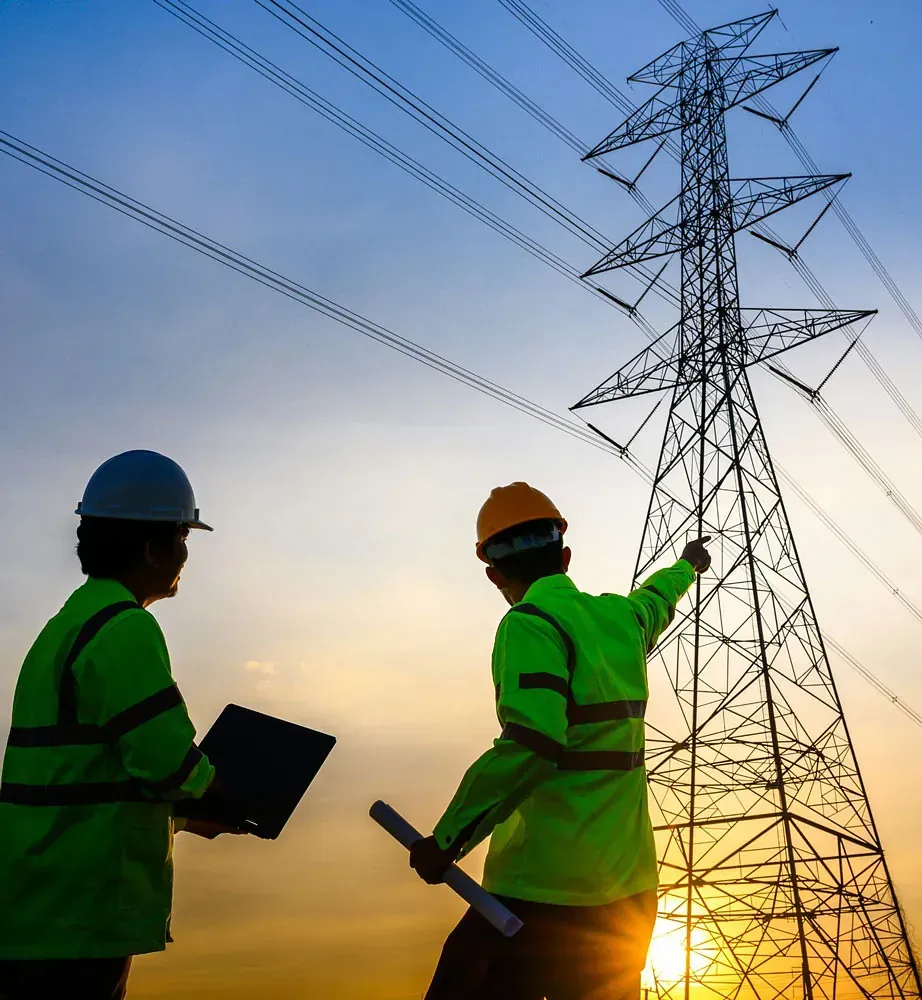 Dos hombres están parados frente a una torre de energía al atardecer.