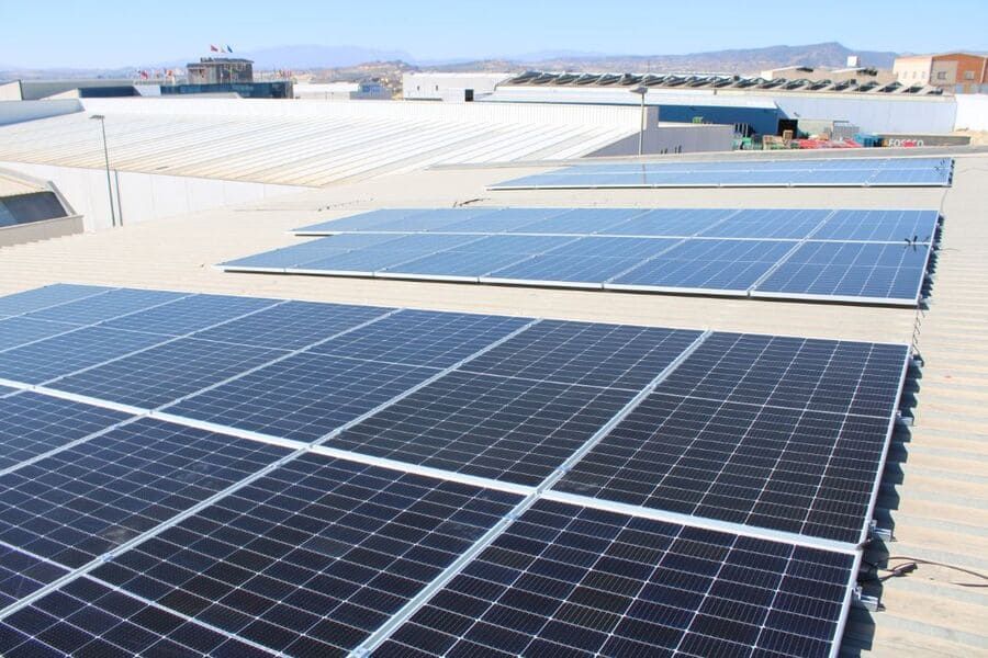 Una fila de paneles solares en el tejado de un edificio