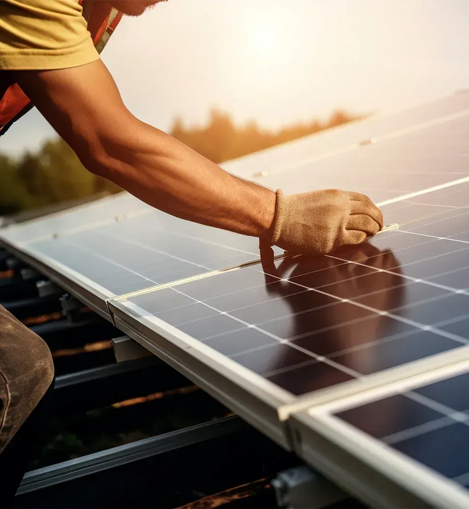 Un hombre está instalando paneles solares en un tejado.