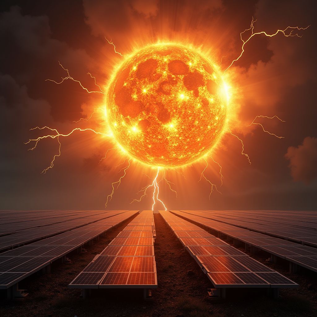 Una fila de paneles solares con el sol y los rayos al fondo.