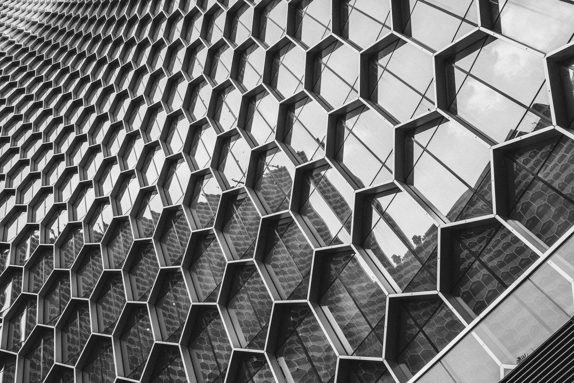 Fotografía en blanco y negro de la fachada de un edificio con un patrón de panal de ventanas hexagonales 