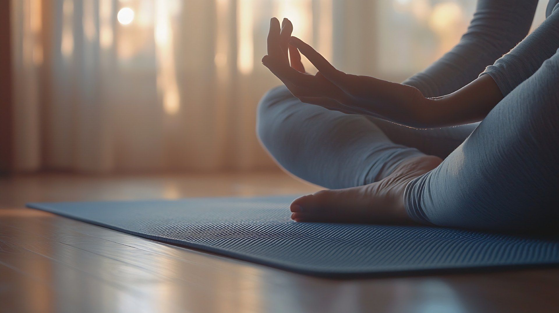 Person meditating on a blue yoga mat indoors, hands in a mudra position.