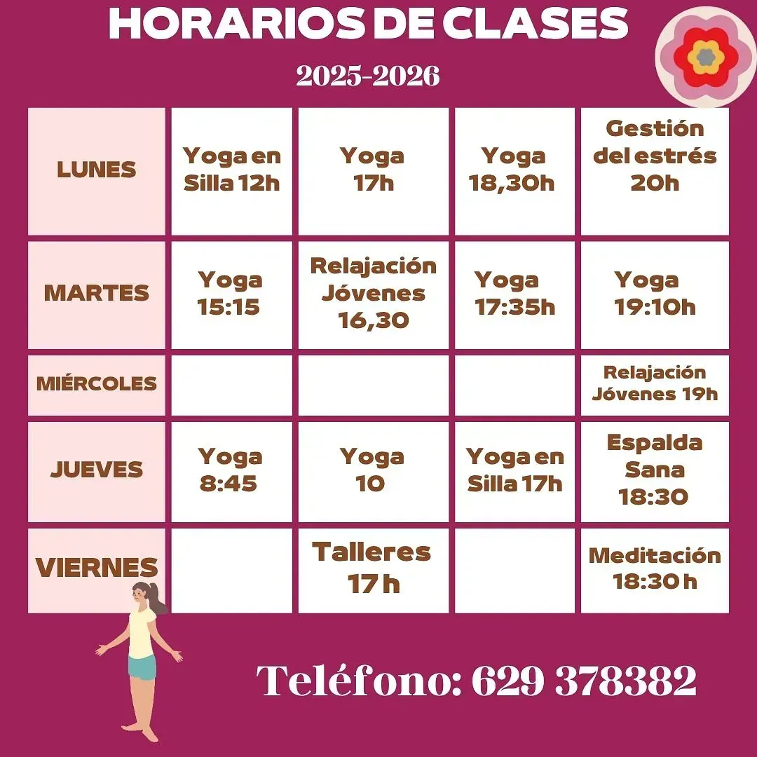 Horario de clases para 2025-2026 con clases de yoga, relajación y meditación, con un número de teléfono para consultas.